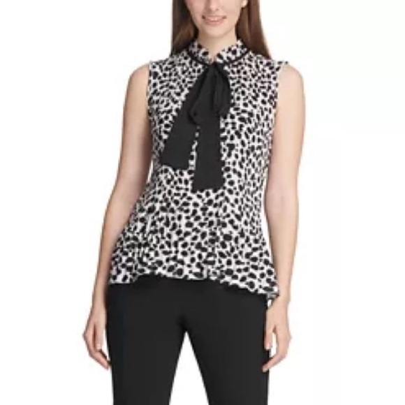 DKNY Pleated Animal-Print Tie-Neck Top - Picture 2 of 6
